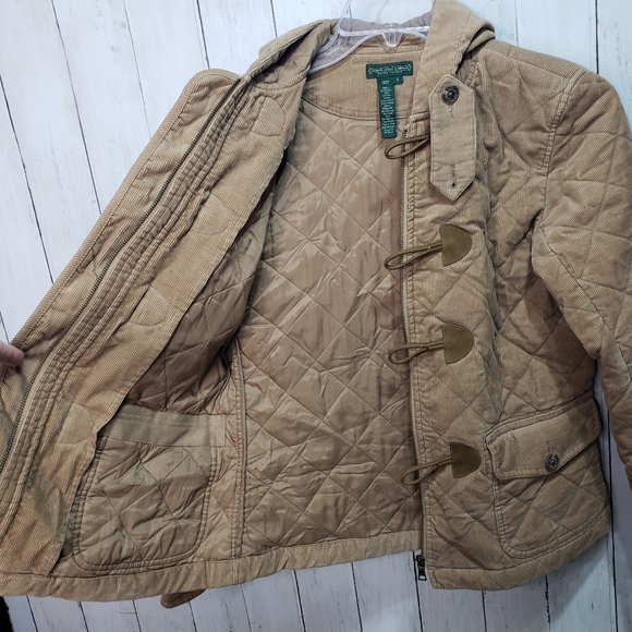 Vintage Ralph Lauren Tan Corduroy Duffle Jacket Toggles Hood Quilted Size Small. - Picture 9 of 9